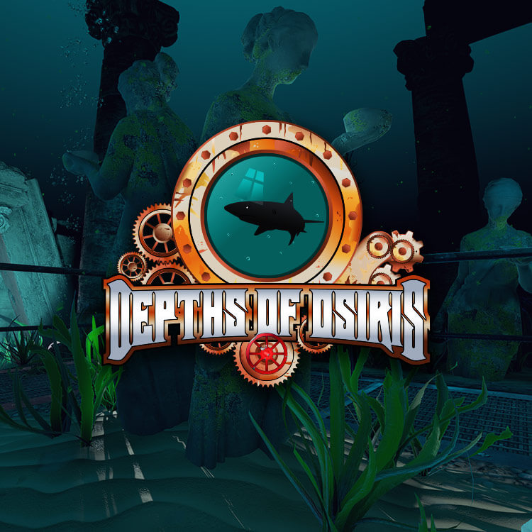 Screenshot and logo for Depths of Osiris, a VR escape room with an underwater theme